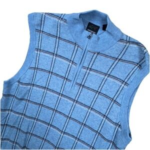 Greg Norman Blue Plaid Sweater Vest Golf Mens Size Medium Wool Blend  1/4 Zip